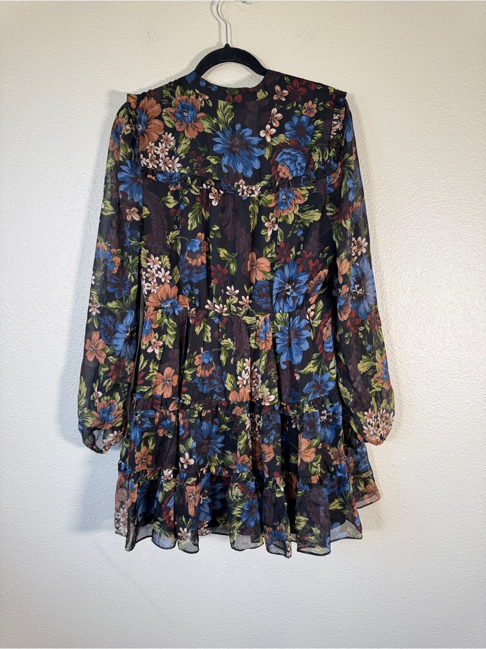 Veronica Beard Black Floral Tiered Mini Dress Womens 12 Boho Luxury Sheer - Picture 4 of 12